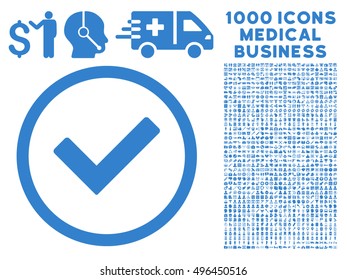 Ok icon with 1000 medical commercial cobalt vector pictograms. Set style is flat symbols, white background.