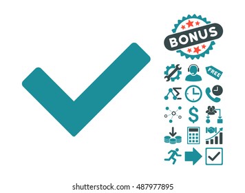 Ok icon with bonus images. Vector illustration style is flat iconic bicolor symbols, soft blue colors, white background.