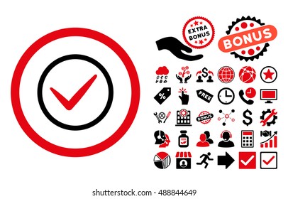Ok icon with bonus images. Vector illustration style is flat iconic bicolor symbols, intensive red and black colors, white background.