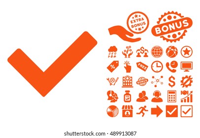 Ok icon with bonus images. Vector illustration style is flat iconic symbols, orange color, white background.