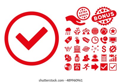 Ok icon with bonus icon set. Vector illustration style is flat iconic symbols, red color, white background.