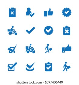 Ok icon. collection of 16 ok filled icons such as tick, courier, courier on motorcycle, thumb up, add user, clipboard with tick. editable ok icons for web and mobile.