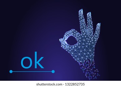 The OK icon. Okay symbol.   particles lines and triangles on blue background. In style low poly wireframe. Vector illustration.