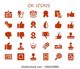  ok icon set. 30 filled ok icons. Simple modern icons about  - Accreditation, Tampon, Nice, Quality, Stamp, Thumb up, Satisfied, Like, Negative, Dislike, Thumbs down, Thumbs up