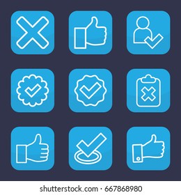 Ok icon. set of 9 outline ok icons such as thumb up, add user, cross, tick, thumbs up