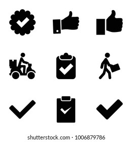 Ok icons. set of 9 editable filled ok icons such as tick, clipboard with tick, courier, courier on motorcycle