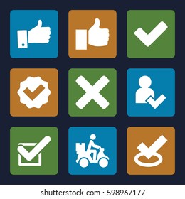 ok icons set. Set of 9 ok filled icons such as courier on motorcycle, tick, thumb up, add user