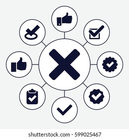 ok icons set. Set of 9 ok filled icons such as tick, thumb up, cross