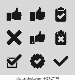 Ok icons set. set of 9 ok filled icons such as tick, thumb up, cross, thumbs up, clipboard with tick