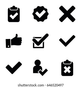 Ok icons set. set of 9 ok filled icons such as tick, thumb up, add user, cross, clipboard with tick