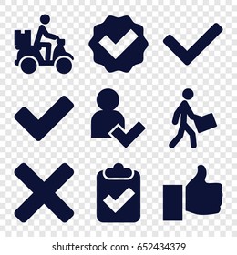 Ok icons set. set of 9 ok filled icons such as courier, courier on motorcycle, tick, add user, cross, thumb up