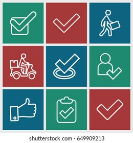 Ok icons set. set of 9 ok outline icons such as courier, courier on motorcycle, tick, thumb up, add user
