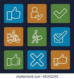 Ok icons set. set of 9 ok outline icons such as courier, courier on motorcycle, tick, thumb up, add user, cross
