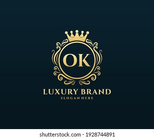 OK Initial Letter, Gold text with feminine floral hand drawn heraldic monogram, Antique vintage style luxury logo design.