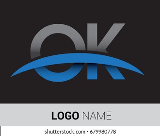 OK initial logo company name colored grey and blue swoosh design.