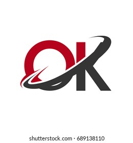 OK initial logo company name colored red and black swoosh design, isolated on white background. vector logo for business and company identity.