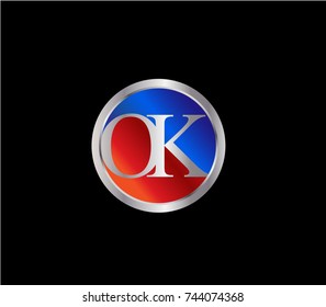 OK Letter logo Design in a circle. Blue Red and silver colored
