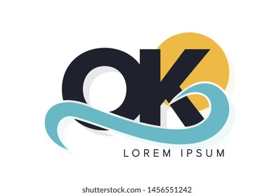 OK letter logo with ocean waves and sunset. Beach concept design