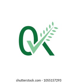 OK letter with tick and leaf logo design vector
