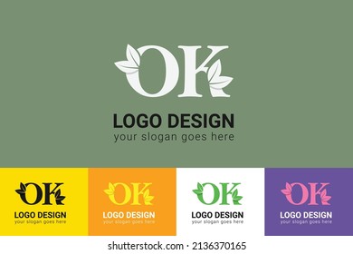 OK letters eco logo with leaf. Vector typeface for nature posters, eco friendly emblem, vegan identity, herbal and botanical cards etc. Ecology OK letters logo with leaf.