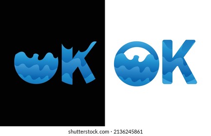 OK logo design with blue gradient color on black and white background.