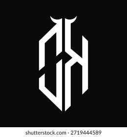 OK Logo monograma con forma de cuerno aislado Plantilla de diseño en blanco y negro sobre fondo negro