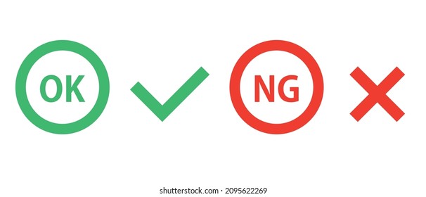 OK mark and check mark, NG mark and cross mark icons. Vectors.