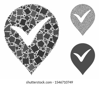 OK marker mosaic of inequal items in different sizes and color hues, based on OK marker icon. Vector tuberous parts are united into mosaic. OK marker icons collage with dotted pattern.
