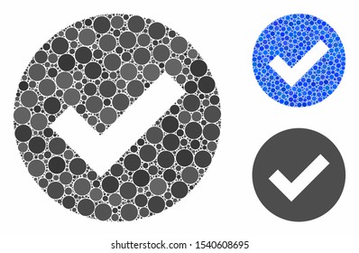 OK mosaic of circle elements in various sizes and color tints, based on OK icon. Vector round elements are combined into blue collage. Dotted OK icon in usual and blue versions.