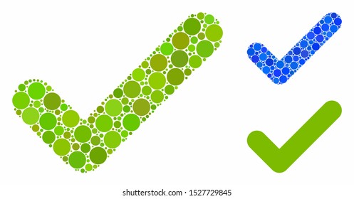 OK mosaic of filled circles in different sizes and shades, based on OK icon. Vector small circles are composed into blue mosaic. Dotted OK icon in usual and blue versions.