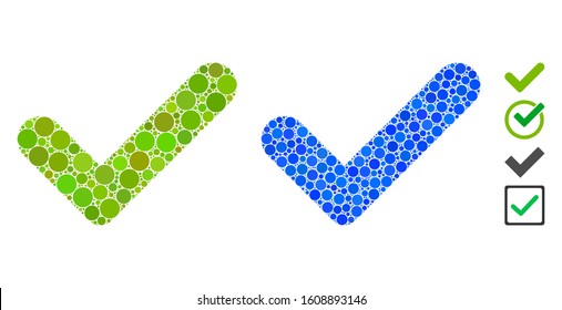 OK mosaic of small circles in variable sizes and color tinges, based on OK icon. Vector small circles are composed into blue collage. Dotted OK icon in usual and blue versions.