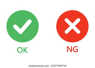 OK e NG com marca de seleção e cruz em círculo para aprovar o conceito de desacordo