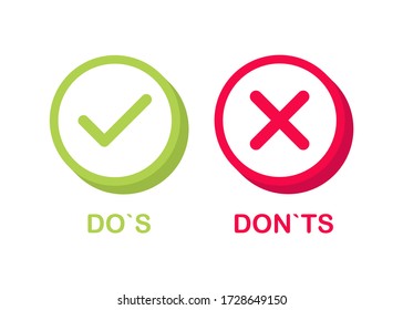 Ok and No 3D icons on white background. Do`s and Don`ts. Green and red. Thumbs up and thumbs down. Vector illustration