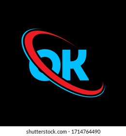 OK O K letter logo design. Initial letter OK linked circle upercase monogram logo red and blue. OK logo, O K design