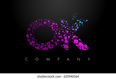 OK O K Letter Logo with Purple Blue Particles and Bubble Dots Design Vector.