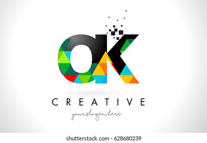 OK O K Letter Logo with Colorful Vivid Triangles Texture Design Vector Illustration.