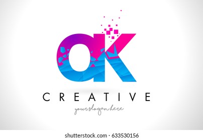 OK O K Letter Logo with Broken Shattered Blue Pink Triangles Texture Design Vector Illustration.
