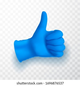 Ok, okay sing. Realistic medical latex glove. Details blue 3d medical glove. Vector illustration.