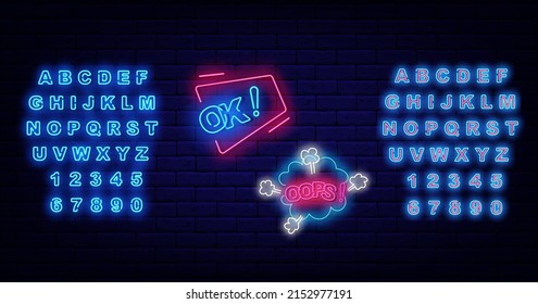 Ok y Oops nubes de neón. Concepto confuso. El paquete de signos de burbujas de habla cómica. Alfabeto azul brillante. Diseño de arte pop. Concepto de emoción en la pared de ladrillo. Trazo editable. Ilustración de material vectorial