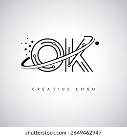 OK Orbit Monogram Logo - Futuristic Minimal Letter mark with Circular Line Art, Tech-Inspired Dots and Space Motion Concept for Modern Branding Identity (Logotipo de Monograma de Órbita OK - Marca de Letra Mínima Futurista com Linha de Arte Circular, Pontos Inspirados na Tecnologia e Conceito de Movimento Espacial para Identidade de Marca Moderna)