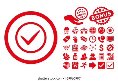 Ok pictograph with bonus design elements. Vector illustration style is flat iconic symbols, red color, white background.