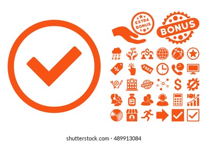 Ok pictograph with bonus elements. Vector illustration style is flat iconic symbols, orange color, white background.