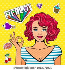 Ok Pop Art Girl. Fine Art Fashion Women, Vintage Popart Lady Face With Okay Hand Sign Vector Illustration