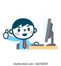 OK pose of businessman and a personal computer