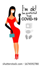 I am ok protected from COVID-19. Woman in red dress.