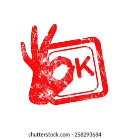Ok red grunge rubber stamp with the hand sign in stead of the O position