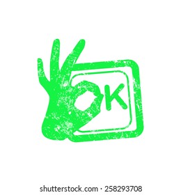 Ok red grunge rubber stamp with the hand sign in stead of the O position