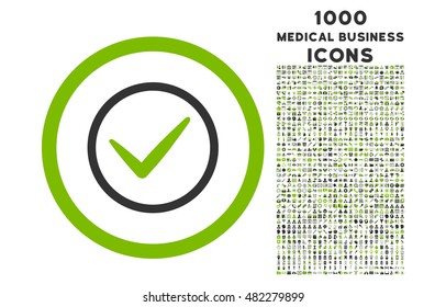 Ok rounded vector bicolor icon with 1000 medical business icons. Set style is flat pictograms, eco green and gray colors, white background.