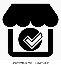 OK and shop icon. Proof of purchase. Good supermarket icon. Best product icon. Vector icon.