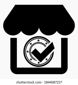 OK and shop icon. Proof of purchase. Good supermarket icon. Best product icon. Vector icon.